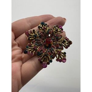 Vintage Flower Red Multicolor Aurora Rhinestone Goldtone Brooch Pin J156